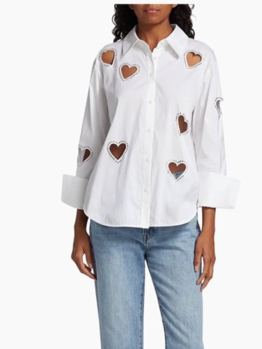 Alice + Olivia Finley Crystal-Embellished Heart Cut Out Shirt White Button Up
